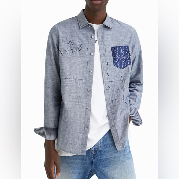 DESIGUAL Stripe Embroidered Shirt with Contrasting Pocket | Small | Unisex | - Picture 2 of 8